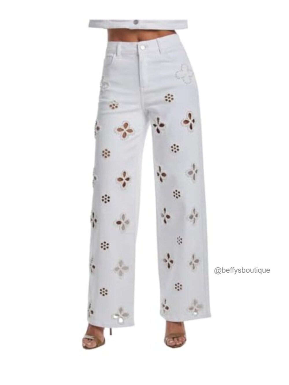 High Waist Wide Leg Jeans Floral Pearl Embellished Stretch Denim